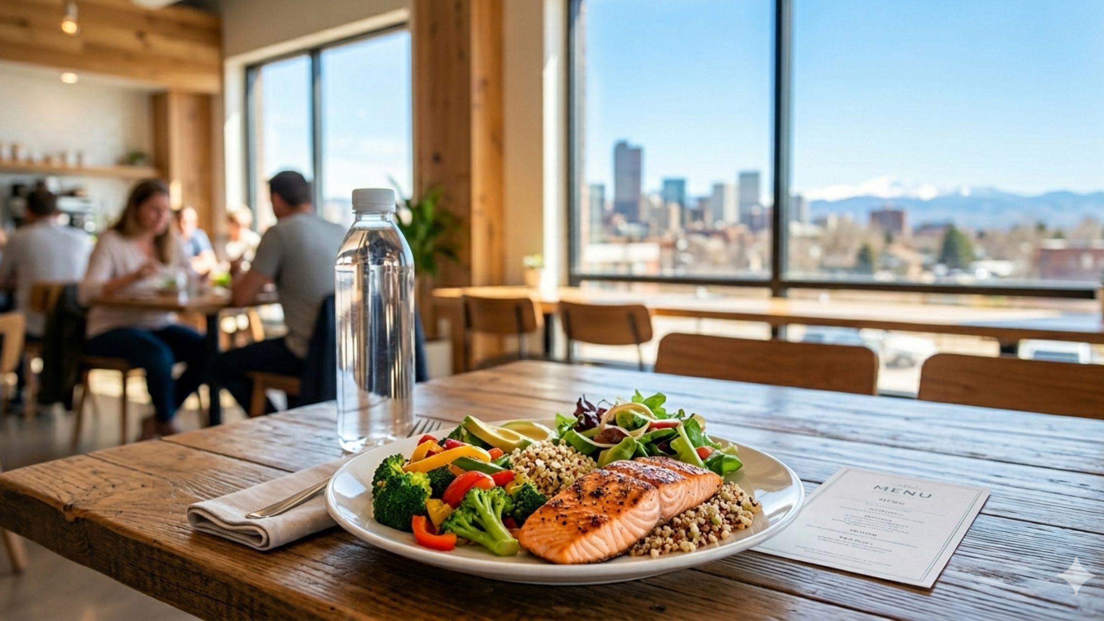 A healthy, macro-friendly post-workout meal at a top-rated restaurant in Denver, Colorado.