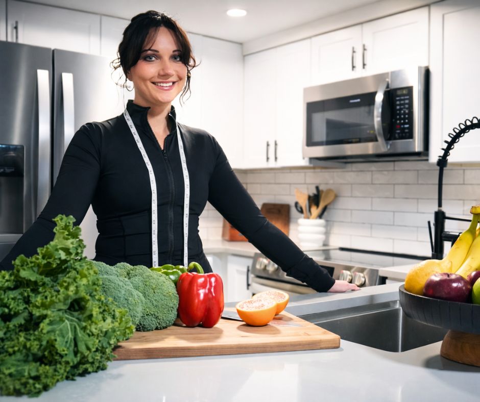 Denver registered dietitian in a kitchen with fresh fruits and vegetables promoting healthy nutrition.