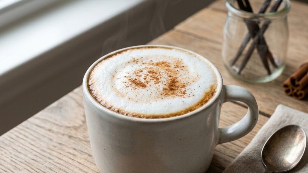 Low calorie spiced vanilla latte for weight loss in a coffee cup.
