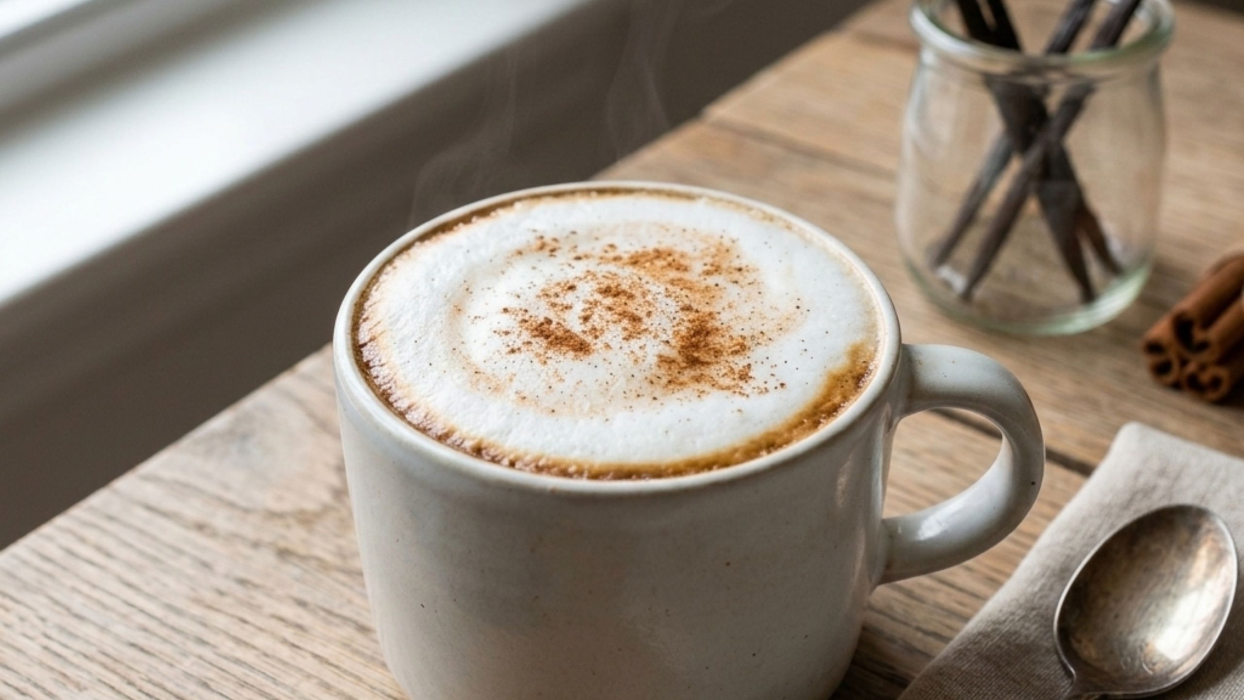 Low calorie spiced vanilla latte for weight loss in a coffee cup.