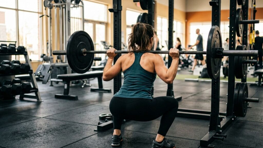 A lady performing back squats to build muscle and improve metabolic health as part of anti-aging lifestyle.
