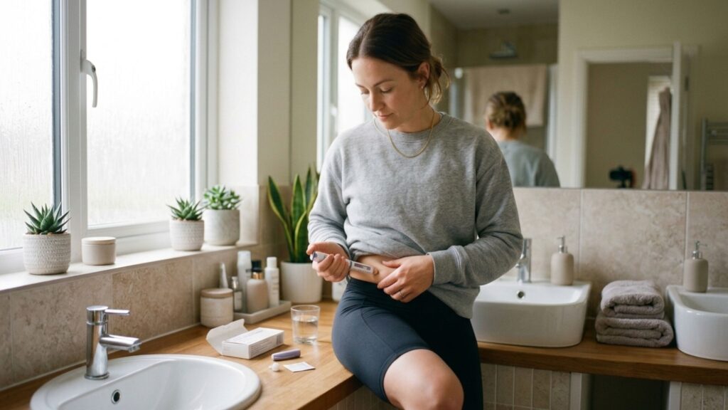 A woman in a bathroom preparing her weight loss medication injection.