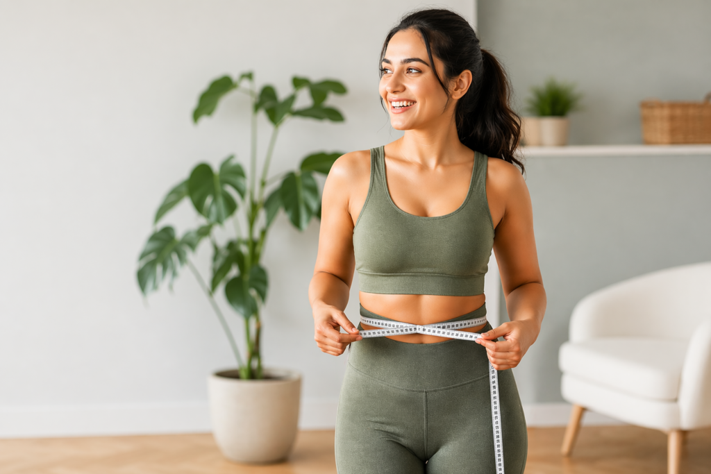 Woman measuring waist with tape in activewear, representing PCOS weight loss, hormone balance, and healthy lifestyle fitness progress.