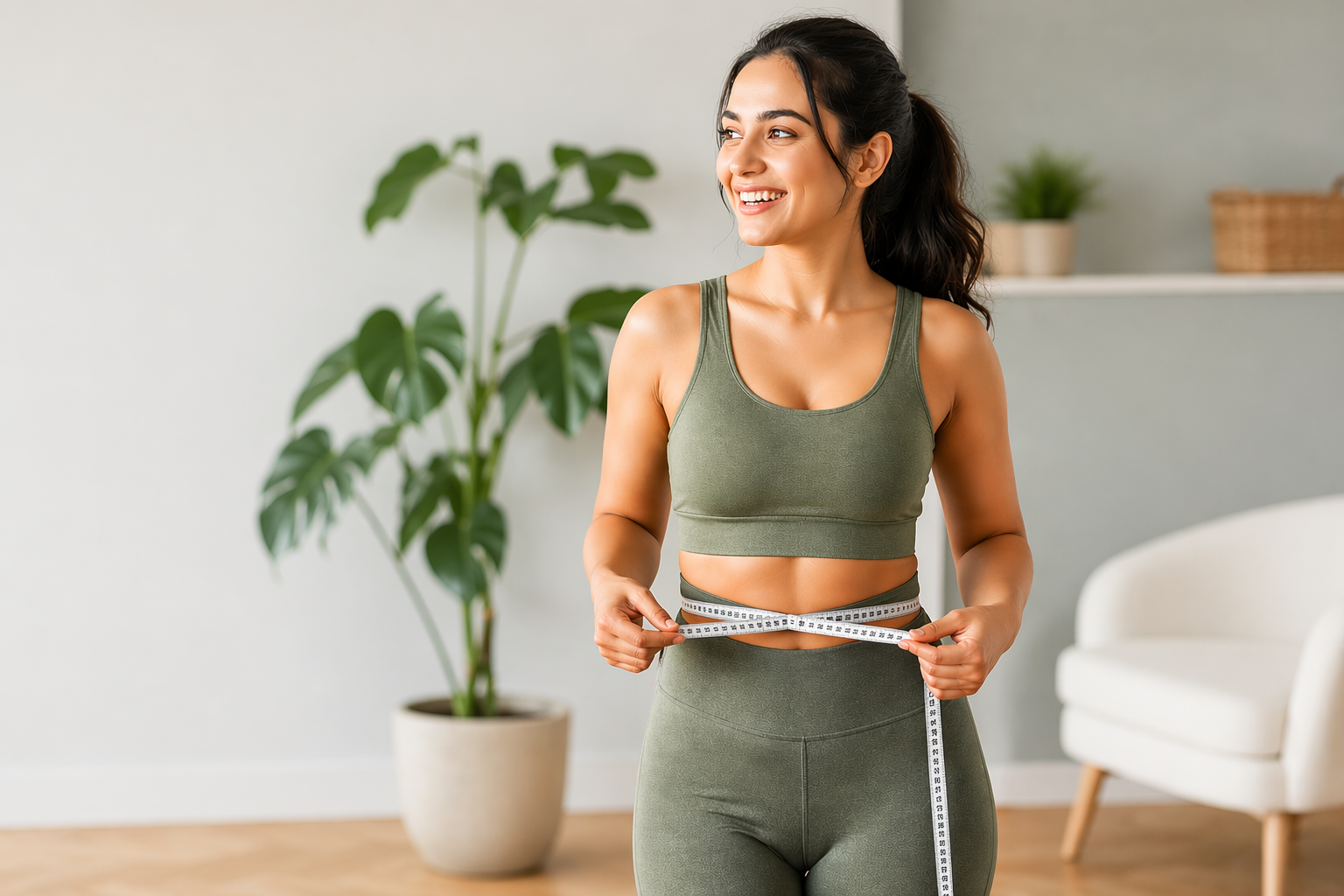 Woman measuring waist with tape in activewear, representing PCOS weight loss, hormone balance, and healthy lifestyle fitness progress.