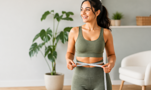 Woman measuring waist with tape in activewear, representing PCOS weight loss, hormone balance, and healthy lifestyle fitness progress.