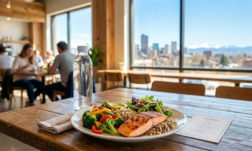 A healthy, macro-friendly post-workout meal at a top-rated restaurant in Denver, Colorado.