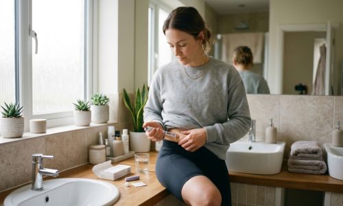 A woman in a bathroom preparing her weight loss medication injection.